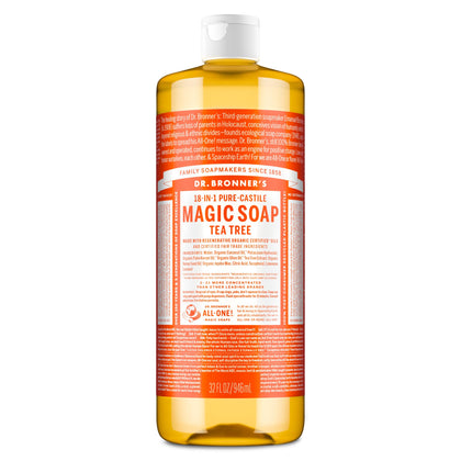 Dr. Bronner's front label showing tea tree scent and organic claims for clear choice