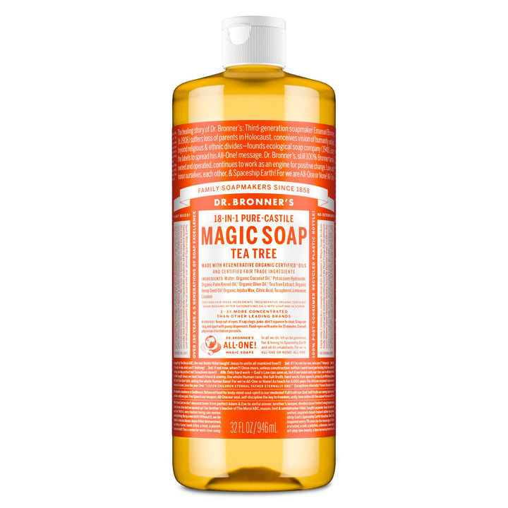 Dr. Bronner's front label showing tea tree scent and organic claims for clear choice