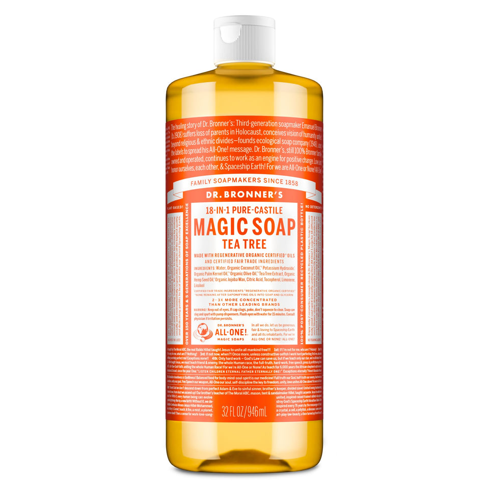 Dr. Bronner's front label showing tea tree scent and organic claims for clear choice