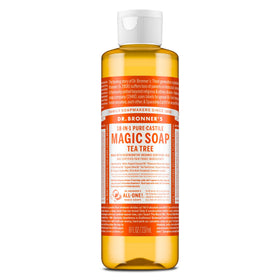 Dr. Bronner's tea tree front package showing compact 8 oz bottle and branding benefit