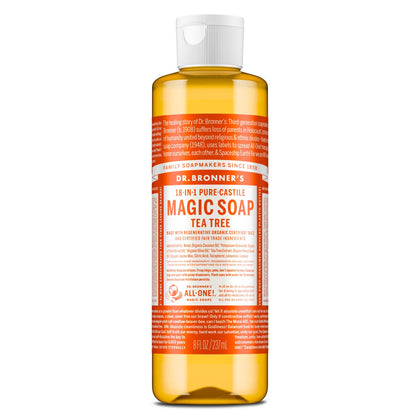 Dr. Bronner's tea tree front package showing compact 8 oz bottle and branding benefit