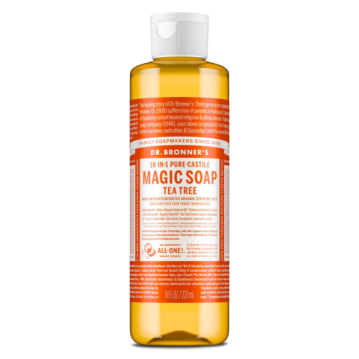 Dr. Bronner's tea tree front package showing compact 8 oz bottle and branding benefit