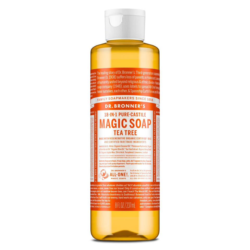 Dr. Bronner's tea tree front package showing compact 8 oz bottle and branding benefit