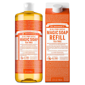 Dr. Bronner's front packaging showing 32oz bottle and refill, sustainable benefit