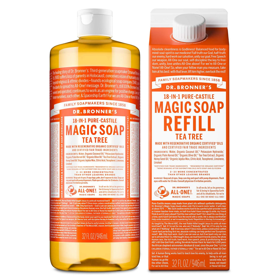 Dr. Bronner's front packaging showing 32oz bottle and refill, sustainable benefit