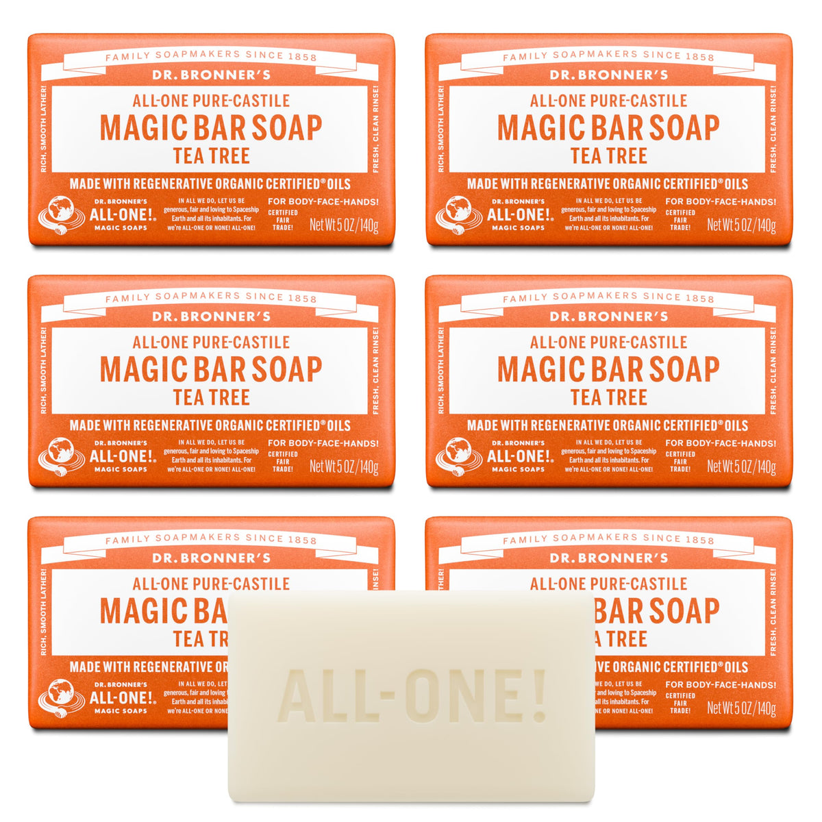 Dr. Bronner's tea tree front packaging showing product and key benefits