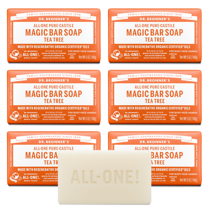 Dr. Bronner's tea tree front packaging showing product and key benefits