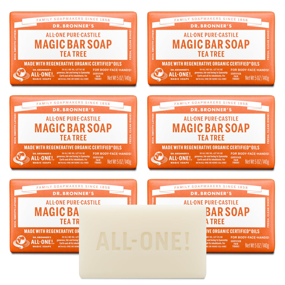 Dr. Bronner's tea tree front packaging showing product and key benefits
