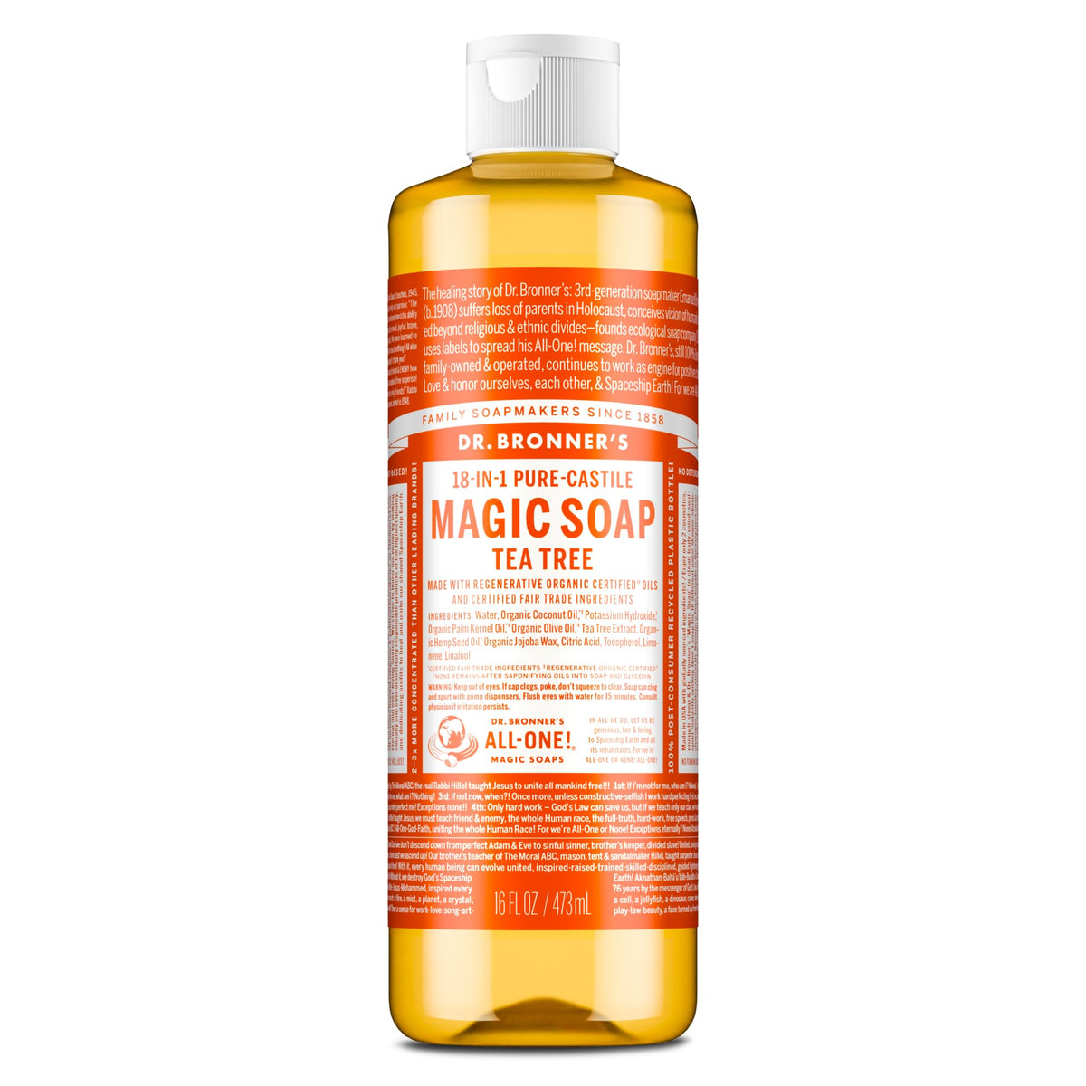 Dr. Bronner's tea tree front packaging showing size and organic claim benefits