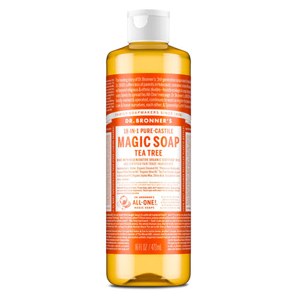 Dr. Bronner's tea tree front packaging showing size and organic claim benefits