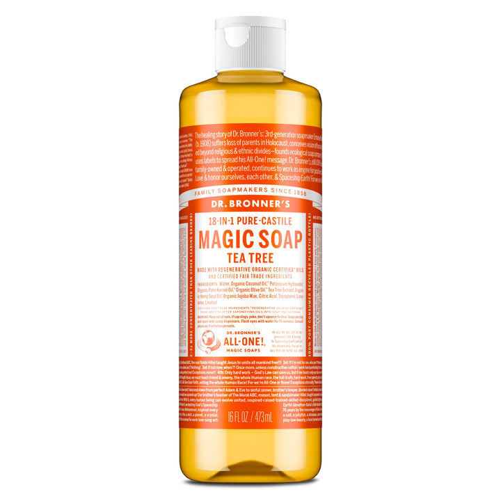 Dr. Bronner's tea tree front packaging showing size and organic claim benefits