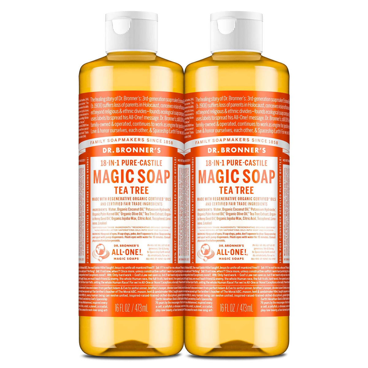 Dr. Bronner's tea tree front packaging showing organic ingredients and size, promotes sustainability