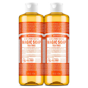 Dr. Bronner's tea tree front packaging showing organic ingredients and size, promotes sustainability