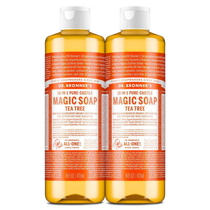 Dr. Bronner's tea tree front packaging showing organic ingredients and size, promotes sustainability