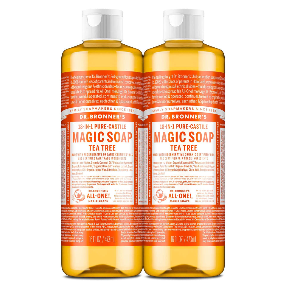Dr. Bronner's tea tree front packaging showing organic ingredients and size, promotes sustainability