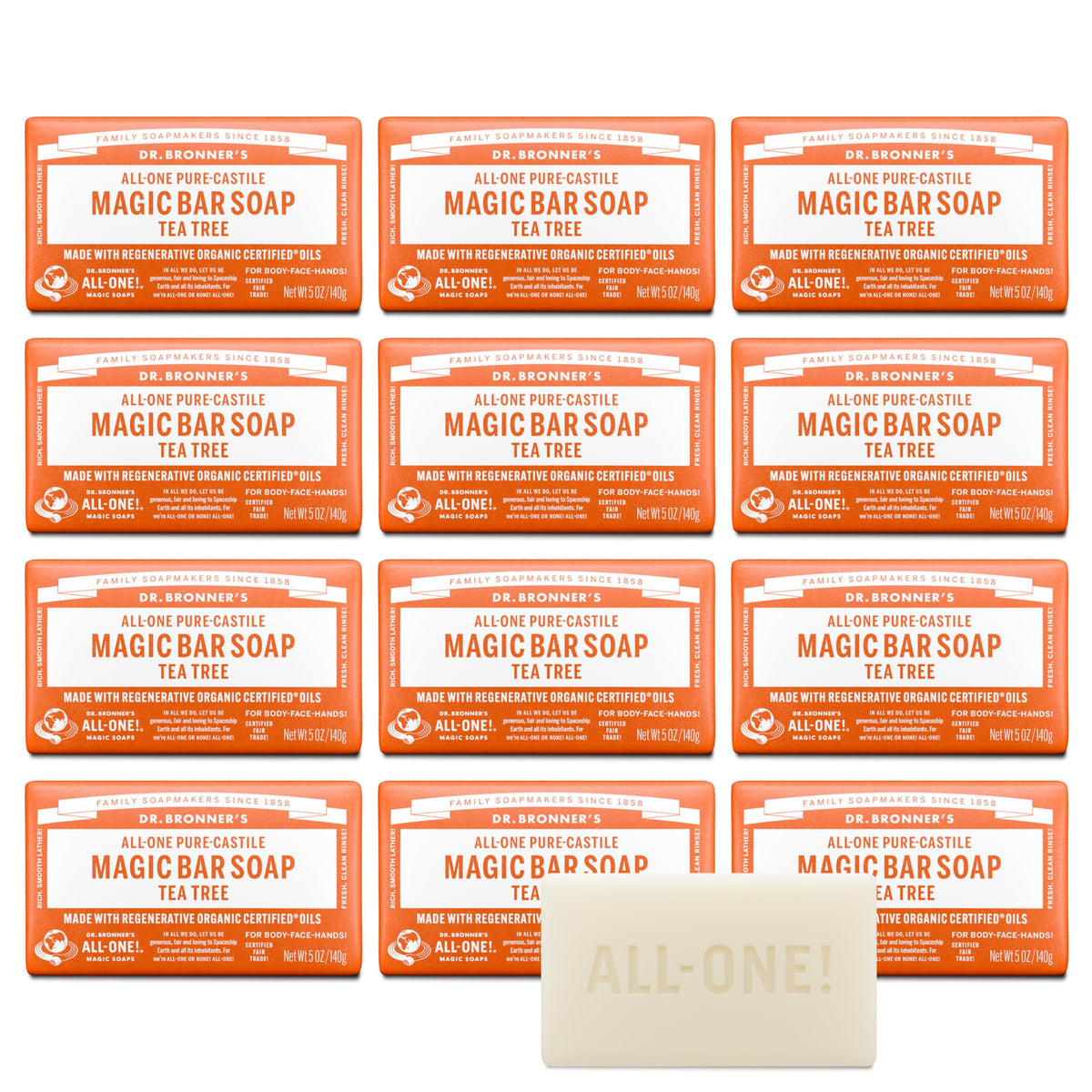 Dr. Bronner's front packaging showing 12-pack and product name, eco benefit