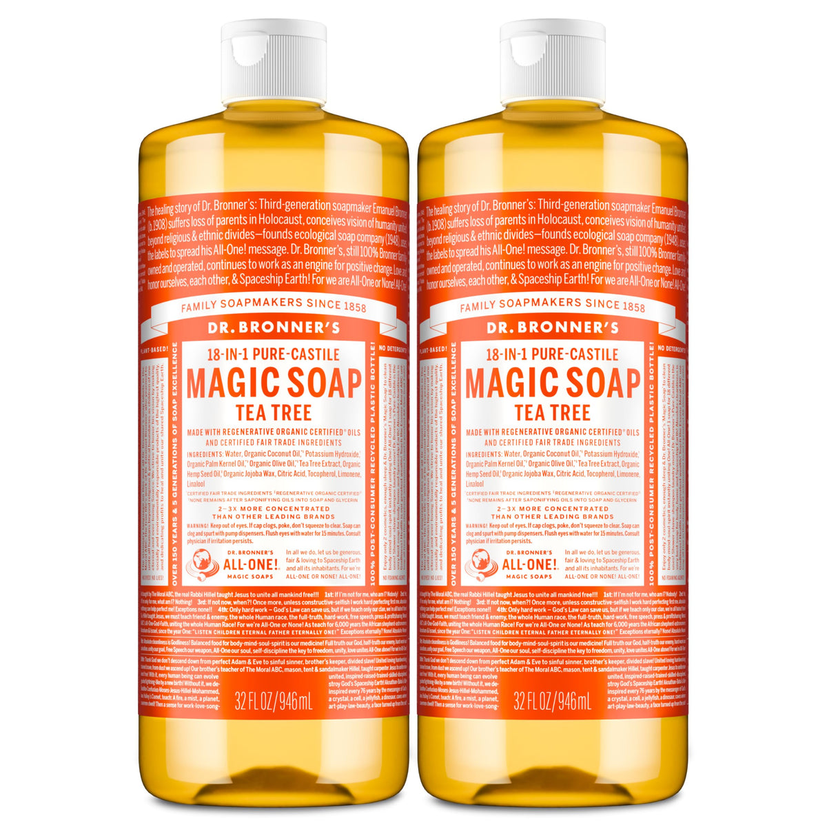 Dr. Bronner's front packaging showing tea tree 32oz bottles and product benefits