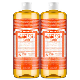 Dr. Bronner's front packaging showing tea tree 32oz bottles and product benefits