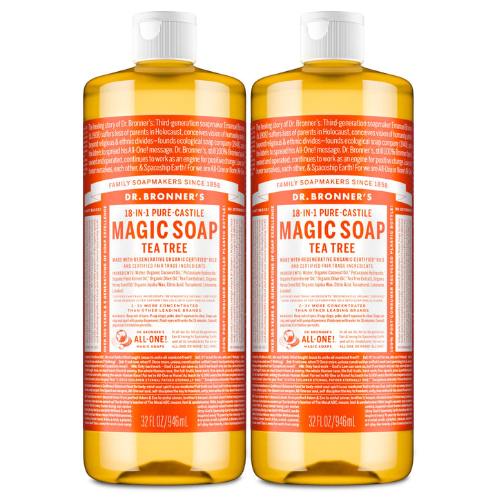 Dr. Bronner's front packaging showing tea tree 32oz bottles and product benefits