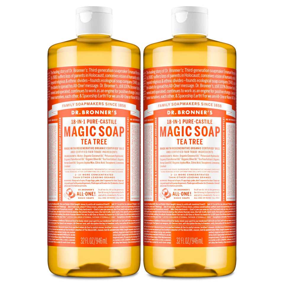Dr. Bronner's front packaging showing tea tree 32oz bottles and product benefits