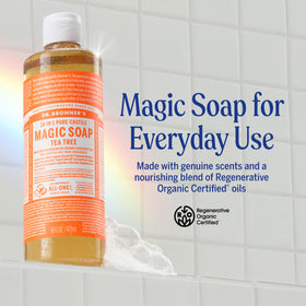 Dr. Bronner's tea tree pouring into a measuring cup demonstrating dilution benefits