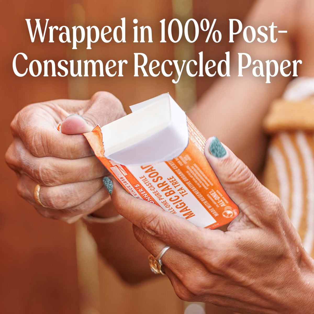 Dr. Bronner's tea tree wrapped in recycled paper highlighting eco packaging
