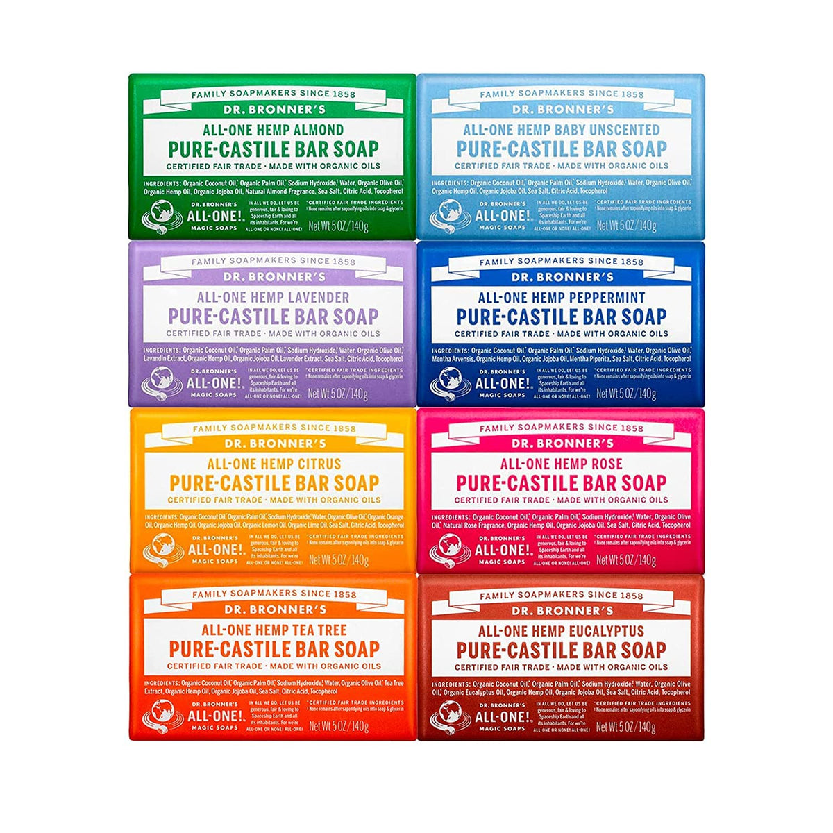 Dr. Bronner's variety pack front packaging showing all eight bars and benefits