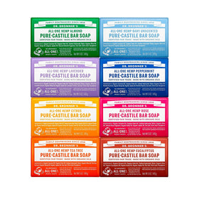 Dr. Bronner's variety pack front packaging showing all eight bars and benefits