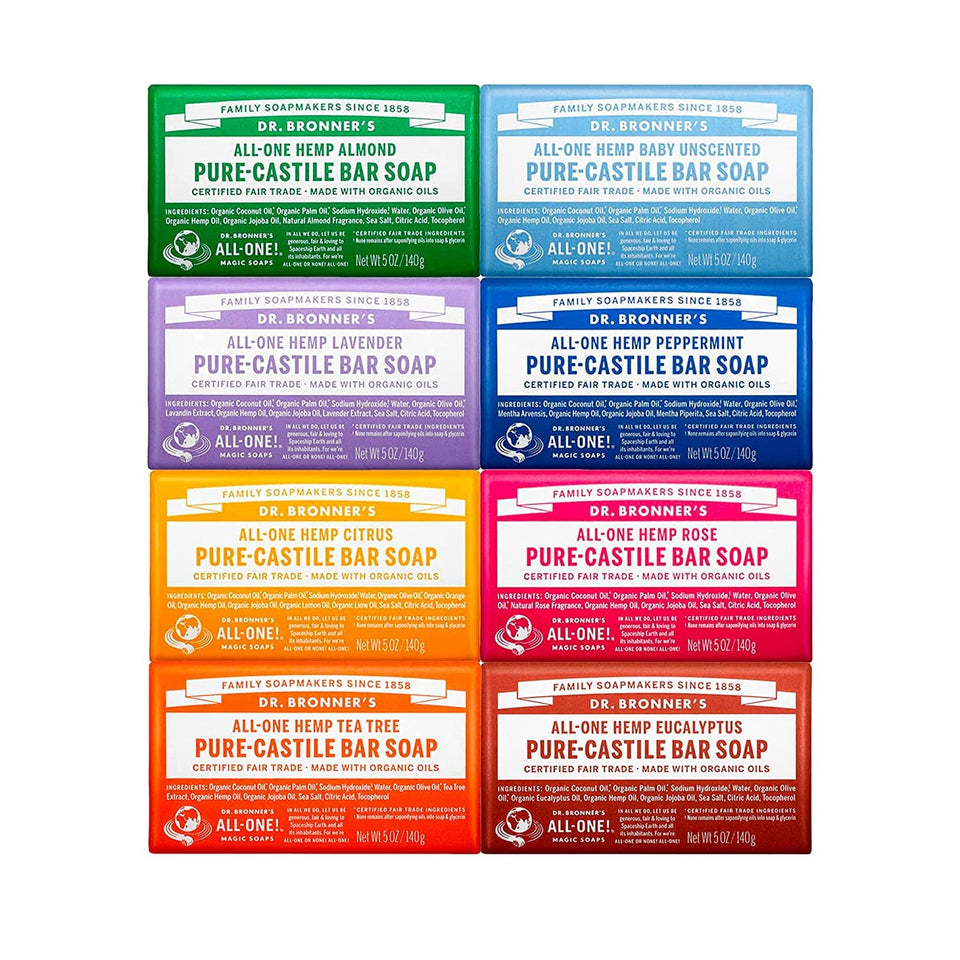 Dr. Bronner's variety pack front packaging showing all eight bars and benefits