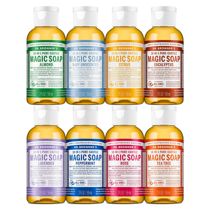 Dr. Bronner's front packaging showing variety gift pack and easy trial use