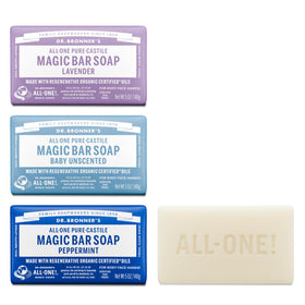 Dr. Bronner's variety pack front packaging showing three bars and benefits