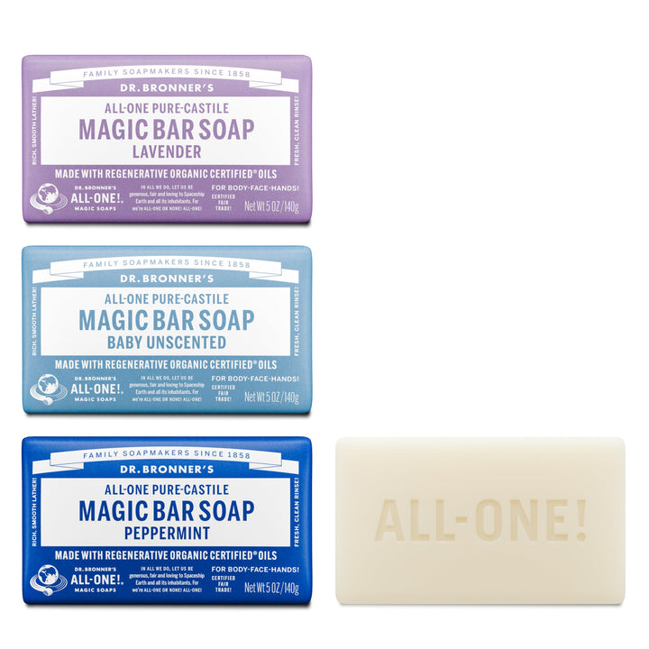Dr. Bronner's variety pack front packaging showing three bars and benefits