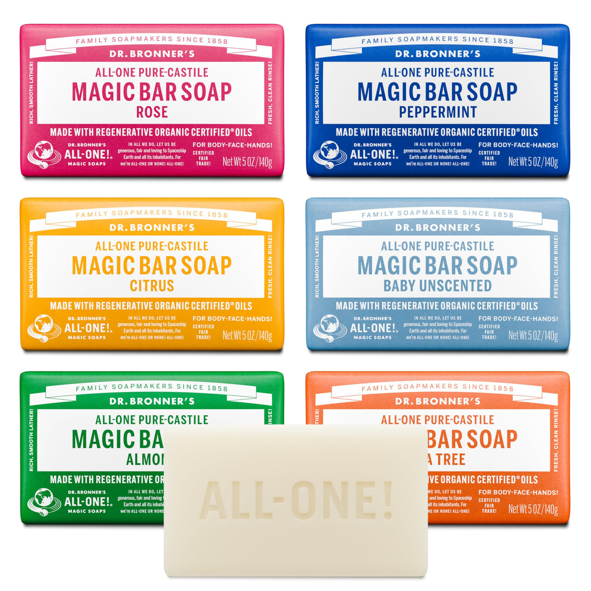 Dr. Bronner's variety pack front view showing six scented bars and benefits