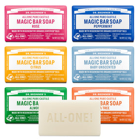Dr. Bronner's variety pack front view showing six scented bars and benefits