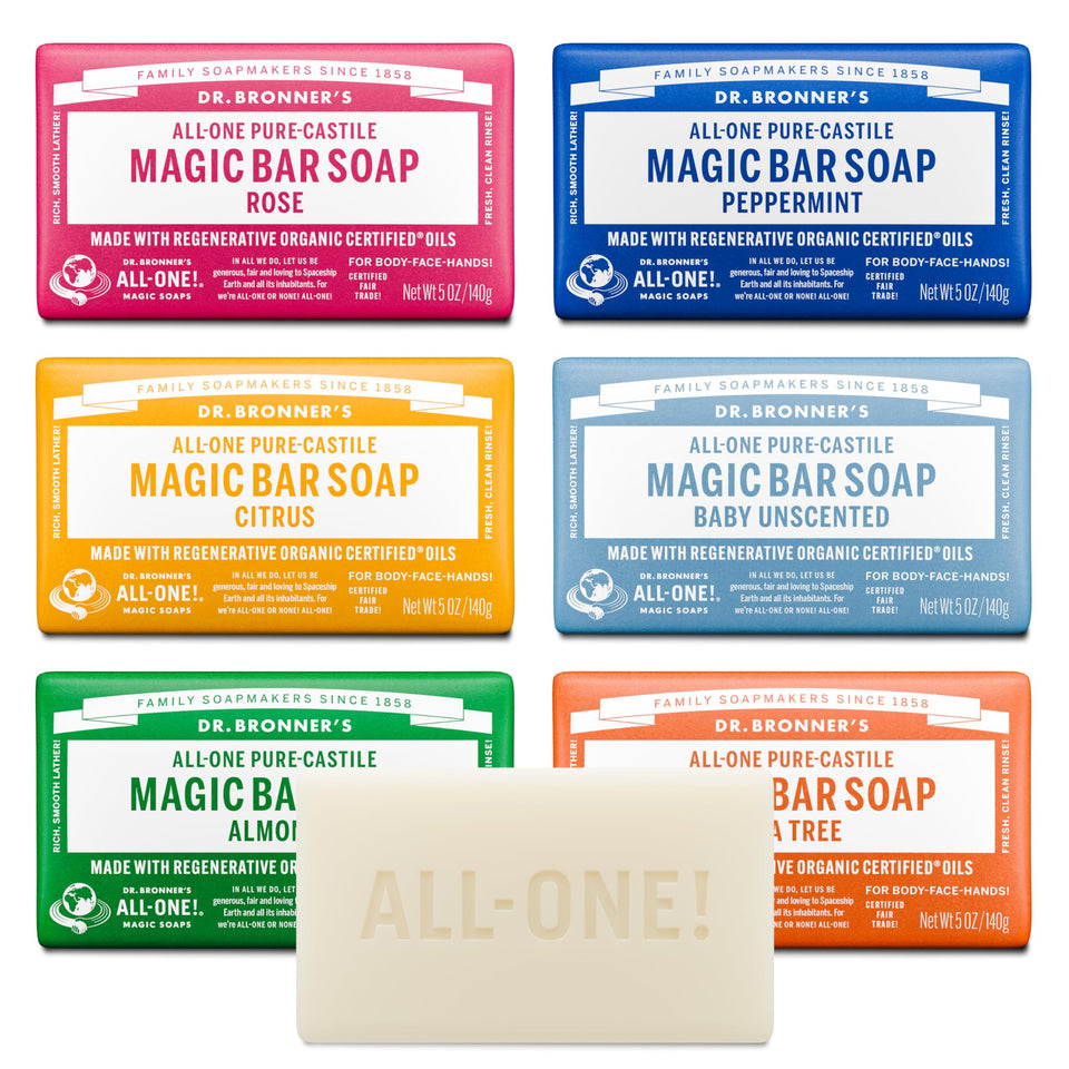 Dr. Bronner's variety pack front view showing six scented bars and benefits