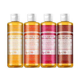 Dr. Bronner's variety pack front view showing four 8oz bottles and labels benefits