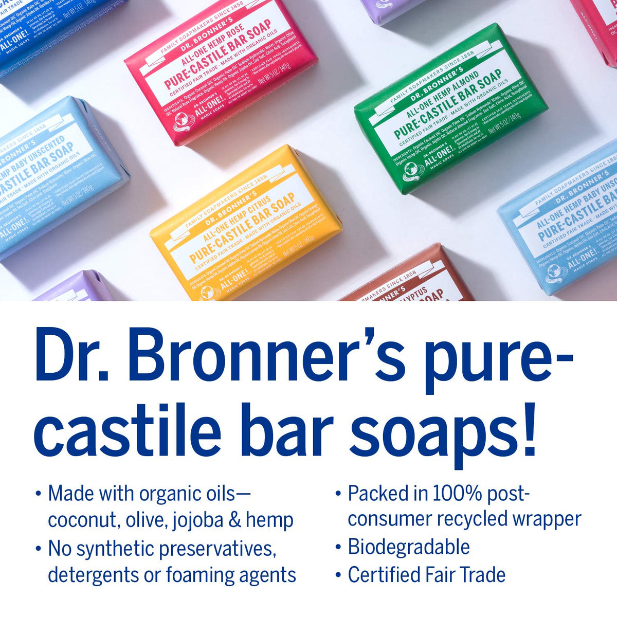 Dr. Bronner's wrapped bars with recycled-paper packaging emphasizing sustainability