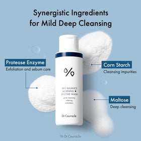 Dr.Ceuracle enzyme powder dispensed in palm ready to mix, illustrating easy morning use