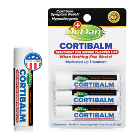 Dr. Dan's CortiBalm front packaging showing tube and claims, clear relief benefit