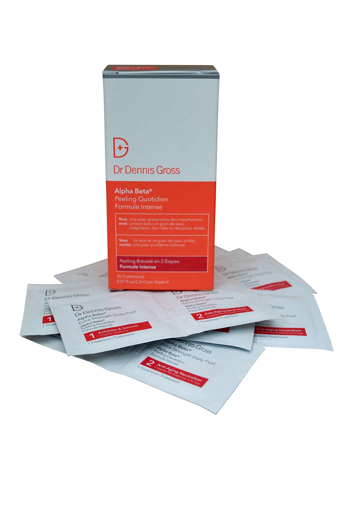 Dr. Dennis Gross front view of packettes showing product and benefits