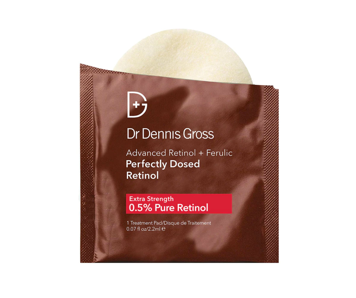 Dr Dennis Gross front packaging of 0.5% retinol 8 pack showing compact box and branding benefits