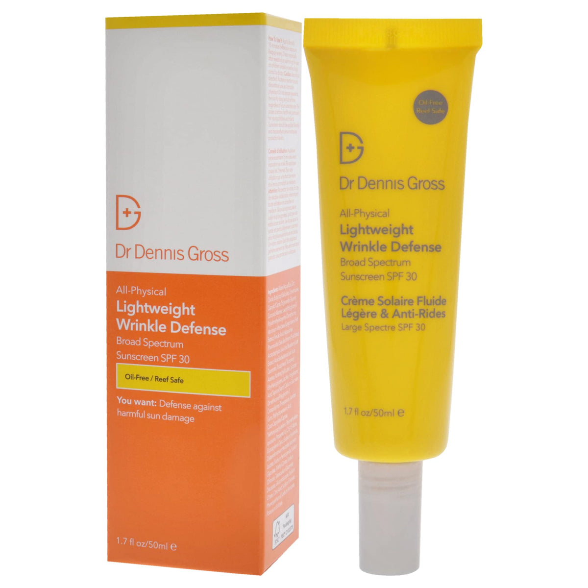 Dr Dennis Gross tube beside a card showing 1.7 oz size for travel convenience