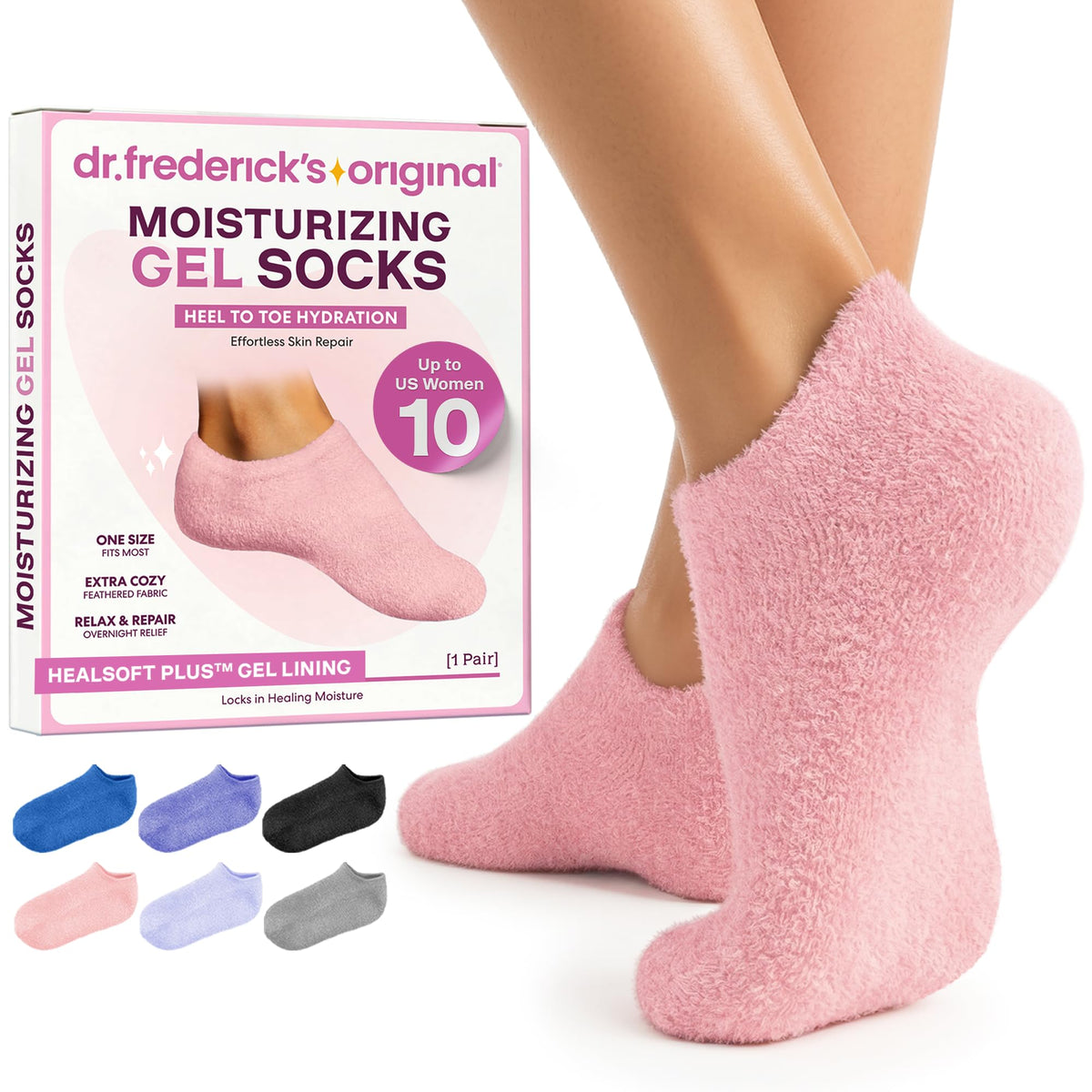 Dr. Frederick's plush pink socks front view showing product packaging and comfort