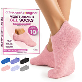 Dr. Frederick's plush pink socks front view showing product packaging and comfort