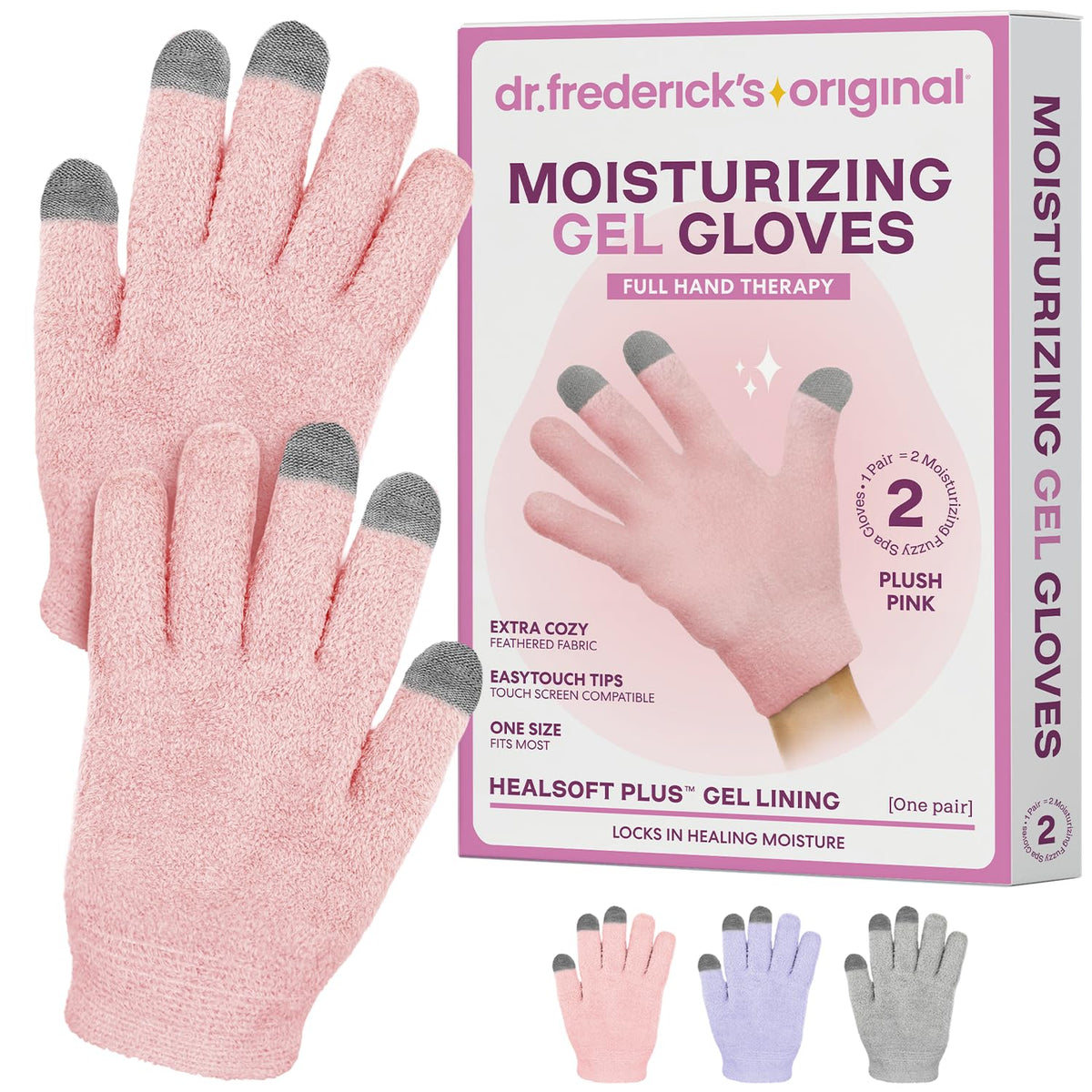 Dr. Frederick's front packaging shows plush pink gloves and quick hydration benefit