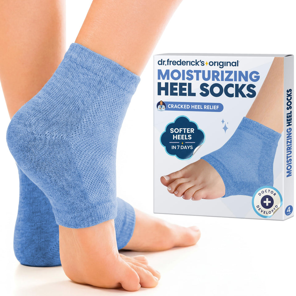 Dr. Frederick's front packaging showing two blue jojoba heel socks and benefits