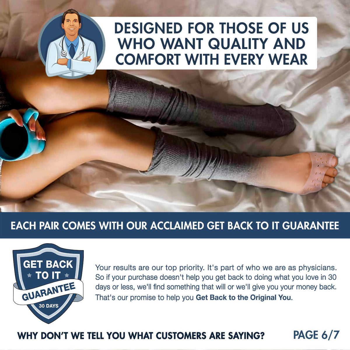 Dr. Frederick's gel socks worn on feet in home setting showing moisturizing benefit
