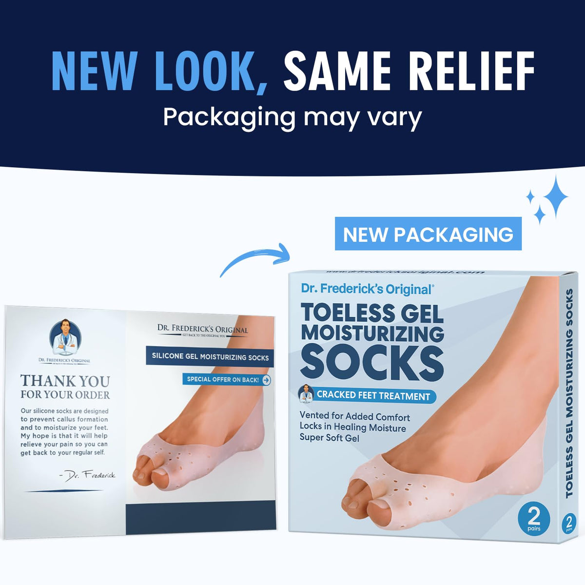 Dr. Frederick's gel socks two pairs displayed ready for rotation and travel benefit