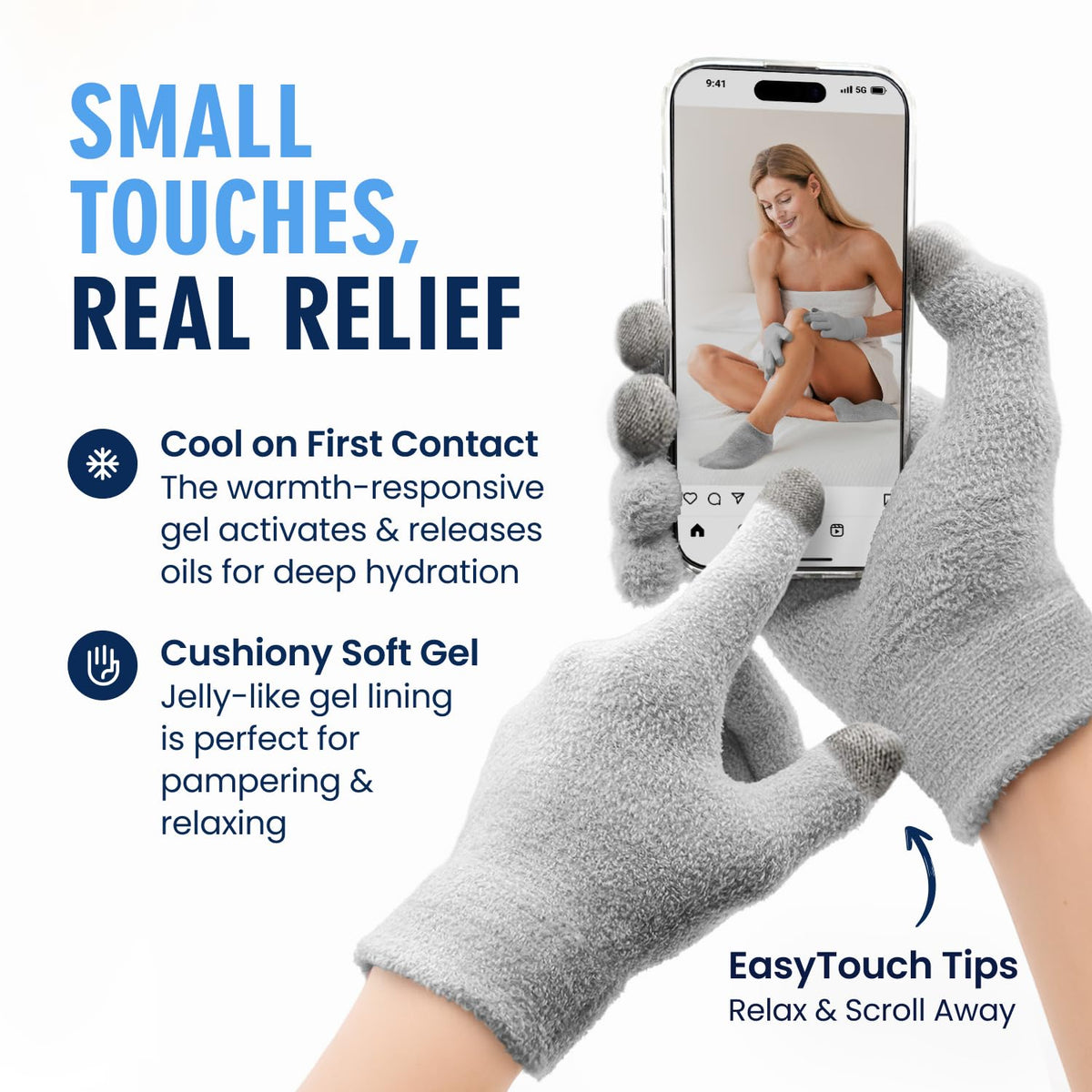 Dr. Frederick's gloves on hands using phone with EasyTouch tips