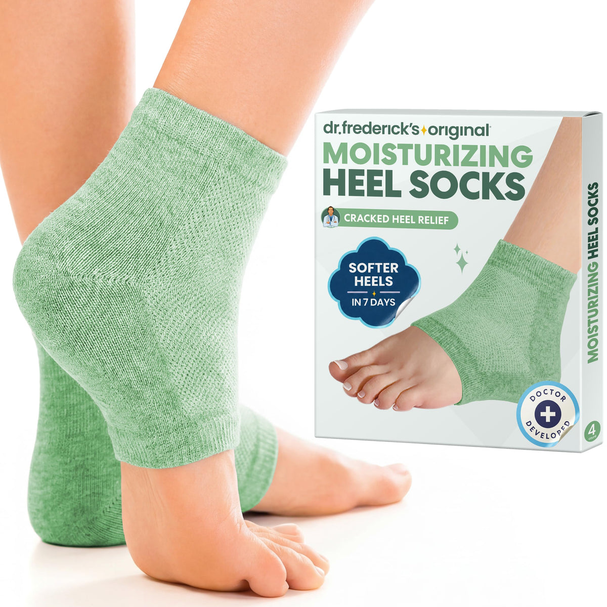 Dr. Frederick's front packaging showing two green aloe heel socks, presents easy gifting benefit